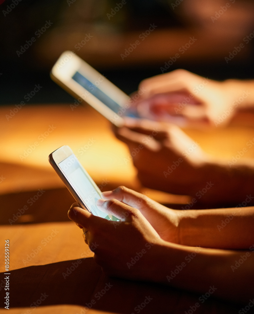 Poster hands, cellphone and social media for communication, connection and networking platform at table. ge