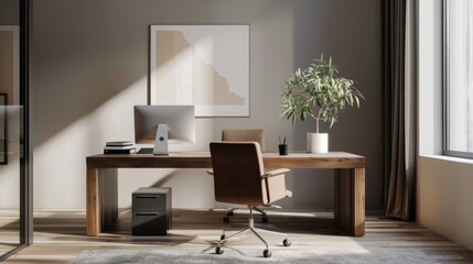 A stylish home office in a minimalist style, with a sleek desk, ergonomic chair, and organized workspace for maximum productivity.