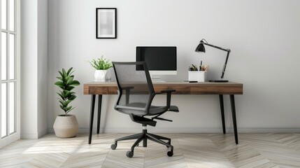 A stylish home office in a minimalist style, with a sleek desk, ergonomic chair, and organized workspace for maximum productivity.