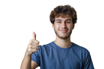 Happy young man doing thumbs up on isolated transparent background