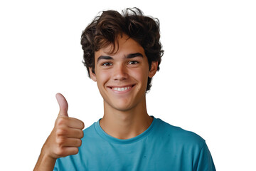 Happy young man doing thumbs up on isolated transparent background