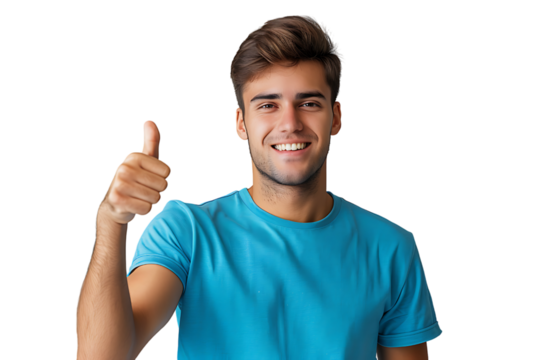 Happy young man doing thumbs up on isolated transparent background