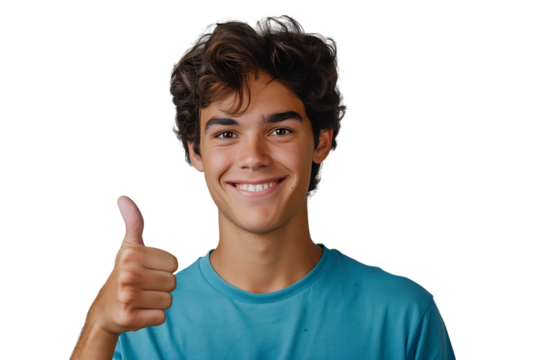 Happy young man doing thumbs up on isolated transparent background