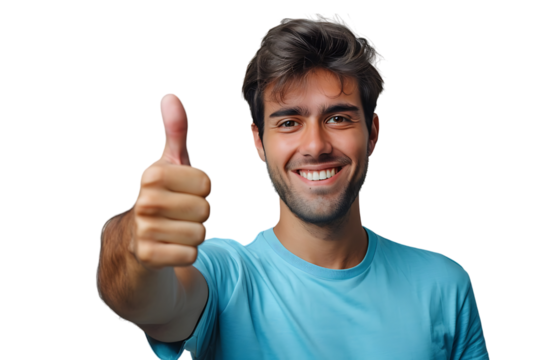 Happy young man doing thumbs up on isolated transparent background