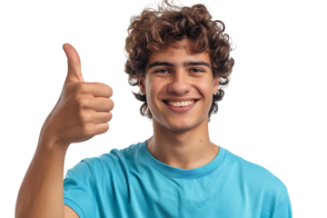 Happy young man doing thumbs up on isolated transparent background