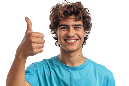 Happy young man doing thumbs up on isolated transparent background