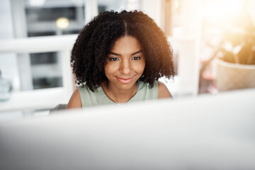 Woman, computer of smile at startup, business or thinking of tech, planning or company mockup....