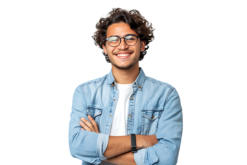 Young man standing holding smartphone and looking at camera on isolated transparent background