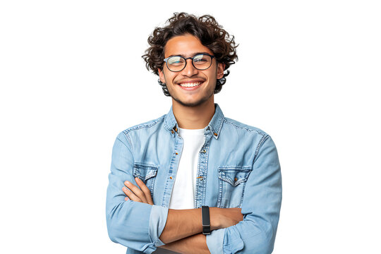 Young man standing holding smartphone and looking at camera on isolated transparent background