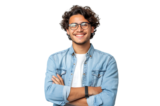 Young man standing holding smartphone and looking at camera on isolated transparent background