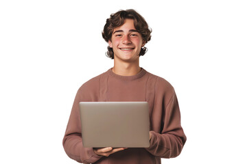 Young man standing holding laptop and looking at camera on isolated transparent background