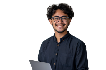Young man standing holding laptop and looking at camera on isolated transparent background