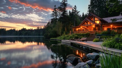 Fototapeta premium A tranquil lakeside retreat where guests indulge in gourmet salmon dishes while basking in the serenity of nature's embrace.