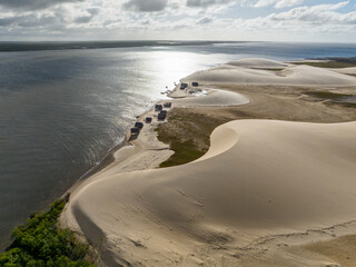 Aerial view of Parque da Dunas - Ilha das Canarias, Brazil. Huts on the Delta do Parnaíba and...