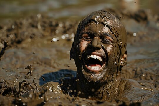 A man covered in mud, laughing joyfully. Suitable for outdoor activities promotion