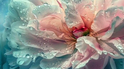 Fototapeta premium A tranquil garden scene with dewdrops glistening on the petals of a blooming peony, radiating freshness and purity.