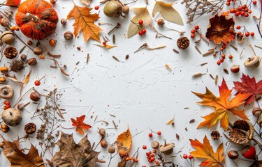 White Surface With Autumn Leaves and Acorns