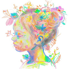 Rysunek przedstawiający kobietę, której warkocze ozdobione są kwiatami. Kobieta patrzy prosto w kamerę