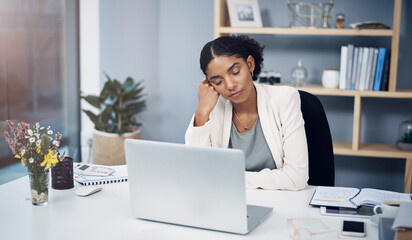 Woman, office and sleeping with laptop, paperwork and burnout in financial administration. Fatigue,...