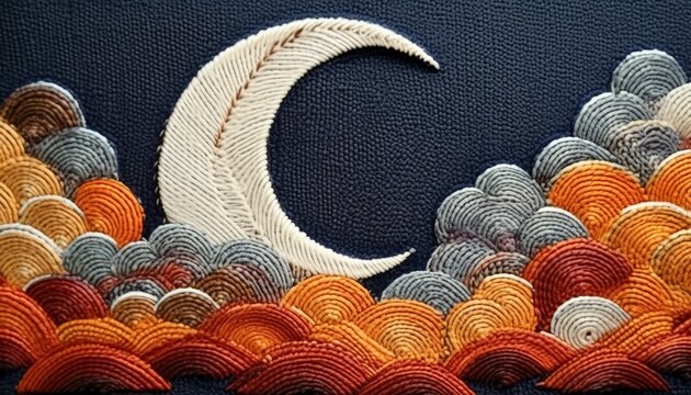Low poly clouds circling around a crescent moon, stitched in white and silver threads 