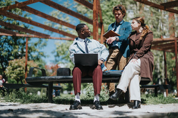 Diverse business professionals collaborate outdoors, using a laptop in a park, on a sunny day, focusing on project planning.