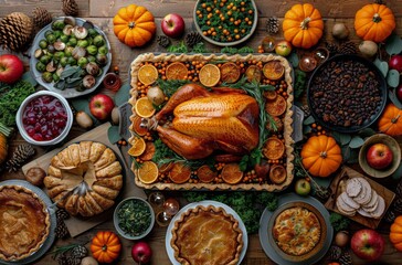 Turkey Sitting on Top of Thanksgiving Table Surrounded by Food