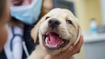 An adorable puppy receiving a thorough dental check-up from a smiling vet, emphasizing the importance of oral health for pets.