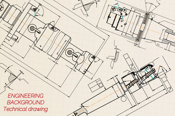 Mechanical engineering drawings on sepia background. Tap tools, borer. Technical Design. Cover. Blueprint. Vector illustration.