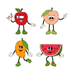 Set of groovy fruits. Cartoon fruits in flat style. Doodle comic illustration. Hand drawn retro vintage trendy style fruits cartoon character apple, peach, mango and watermelon.