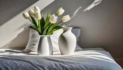 a couple of white vases sitting on top of a white bed covered in white sheets and a vase with white flowers in front of a shadow of a wall