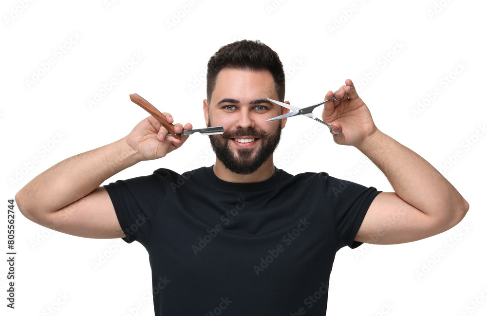 Sticker Handsome young man with mustache holding blade and scissors on white background