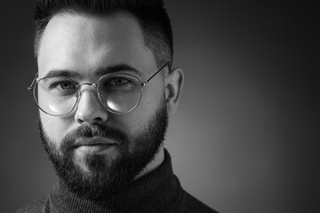 Fototapeta premium Portrait of handsome bearded man on dark background. Black and white effect