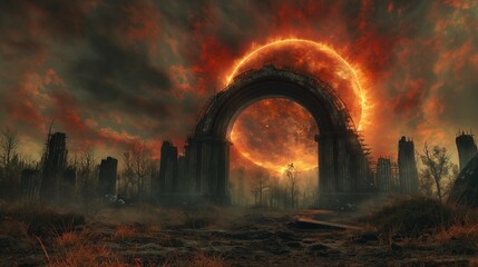 post apocalyptic landscape with a ancient gate and burning planet in the sky. 