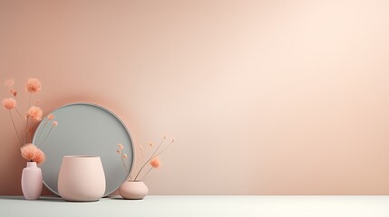 A minimalist interior decor with a peach-colored canvas leaning against a wall on a wooden shelf, a...