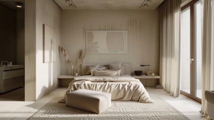 An elegant minimalist bedroom with a neutral color palette, luxurious textiles, and understated decor, exuding timeless sophistication.