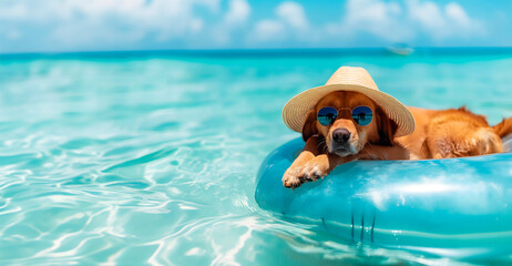 scene of pure bliss as delighted dog rests on an inflatable float,wearing sunglasses stylish beach hat while floating in pristine waters of Maldives,the concept of beach holidays,sea trips,vacation