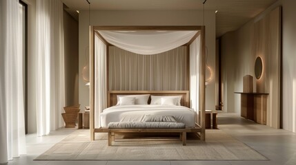 An elegant minimalist master bedroom with a canopy bed, minimalist furnishings, and luxurious textiles, evoking a sense of sophistication.