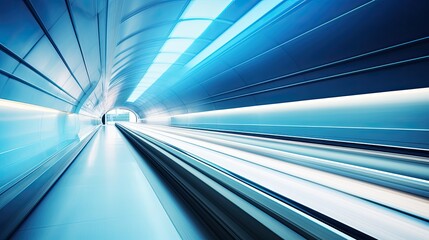 Fototapeta na wymiar Blurred motion view of a futuristic tunnel with smooth curves and blue lighting, conveying a sense of high speed and urban technology.