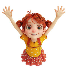 Mała dziewczynka stoi z rękoma uniesionymi w górę, wydaje się radosna i pełna energii. Jest ubrana w prosty strój