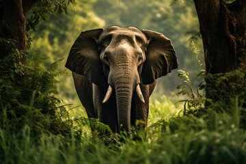 An elephant emerging from dense green foliage in a lush forest.