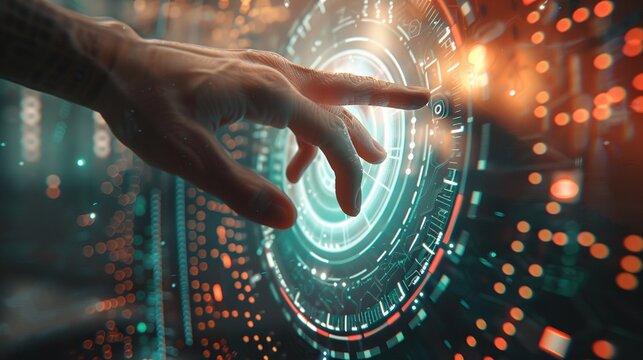 Cyber security and data protection on internet. Person touching virtual shield, secure access, encrypted connection. Password protected system and storage. Cybersecurity technology.