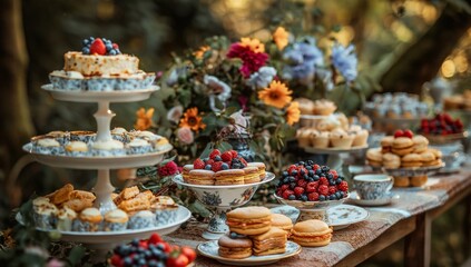 summer garden tea party with elegant plates and cups and colourful summer flowers in vases. 