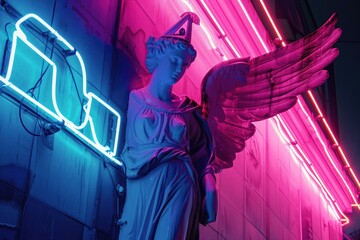 A statue of an angel with a neon sign in the background. Suitable for various design projects - Powered by Adobe