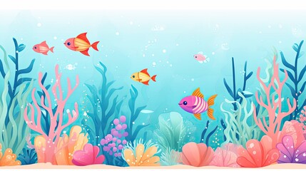 Fototapeta na wymiar Colorful illustrated underwater scene with various playful fish, starfish, and aquatic plants on a white background.