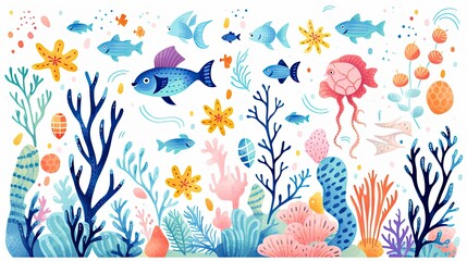 Colorful illustration of an underwater scene with various stylized fish, jellyfish, sea stars, and coral in pastel tones.