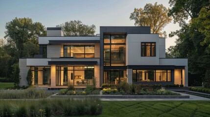 Obraz premium An exterior shot of a contemporary minimalist home with clean architectural lines, large windows, and a landscaped garden.