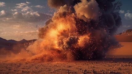 Detonation in desert sand with lots of smoke, fire and sparks at night Detonation in desert sand with lots of smoke, fire and sparks at night