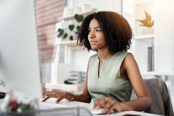 African business woman, smile and monitor in office for career, online digital report and web...