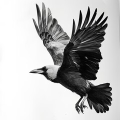 Rook Bird Pencil Sketch Hand Drawn Black and White Depiction of Corvus Frugilegus on a Blank White Background