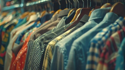 Image of various shirts hanging on a rack. Suitable for clothing stores or laundry services